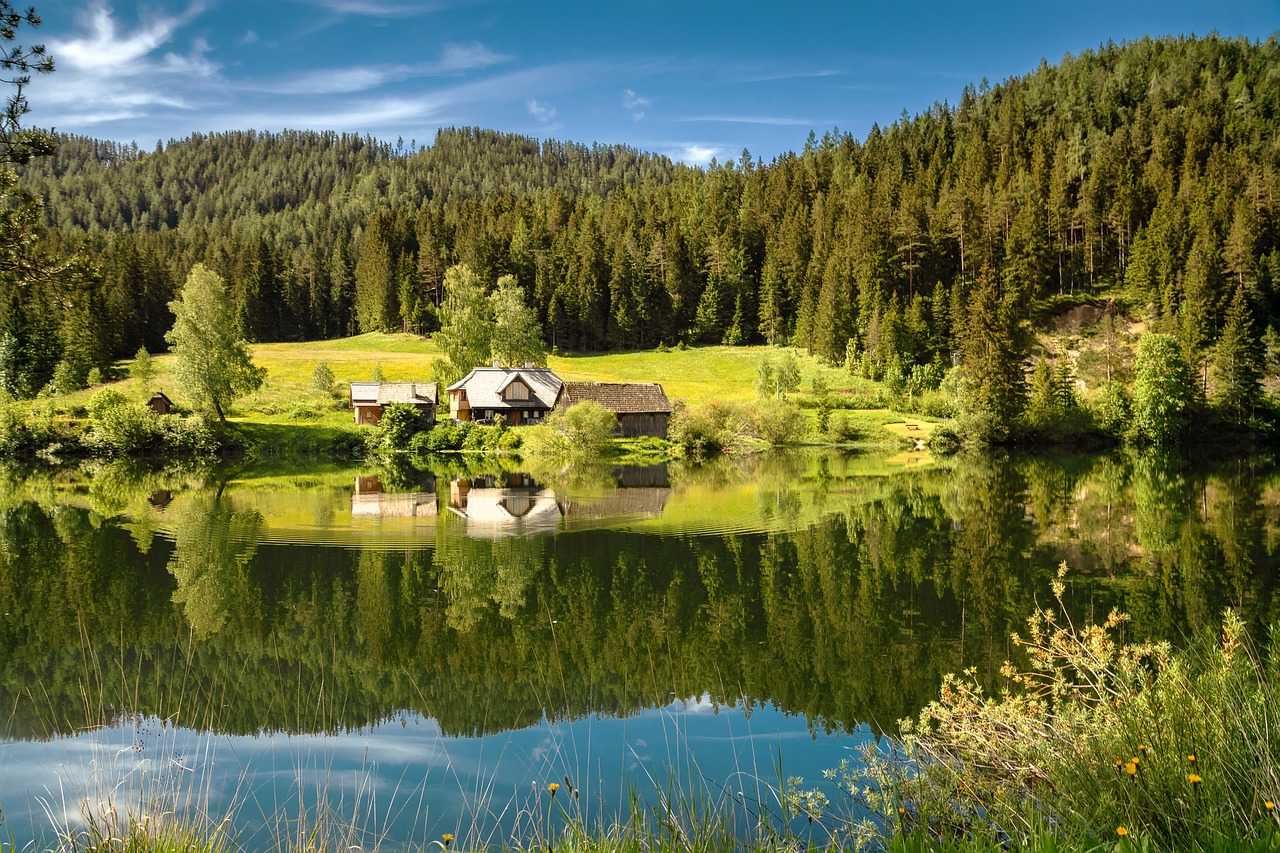 cabin, hut, lake, trees, forest, reflection, outdoors, mariazeller land, nature, walster, hubertus lake