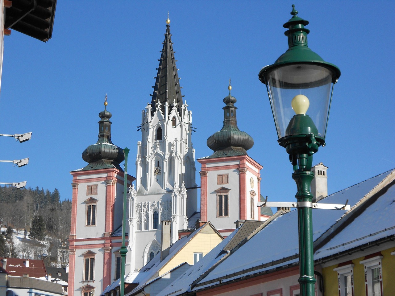 mariazell, styria, church, downtown, street lamp, cathedral, austria, pilgrimage, winter, mariazell, mariazell, mariazell, mariazell, mariazell